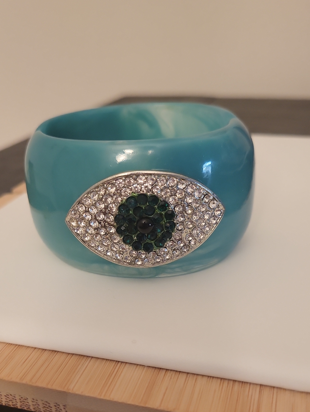 Vintage Lucite Hinged Rhinestone Evil Eye Bangle Bracelet